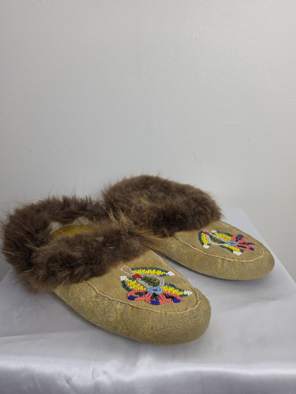 Real Fur-Trim Beaded Moccasin Tan Slippers
